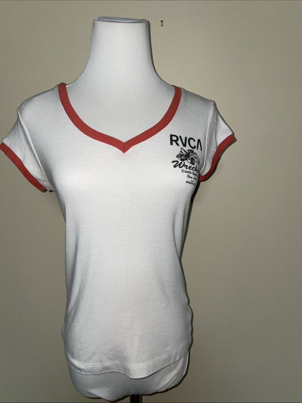 RVCA White V-Neck Ringer Tee with Coral Trim | S